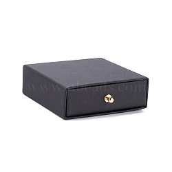 Square Paper Drawer Jewelry Set Box, with Brass Rivet, for Earring, Ring and Necklace Gifts Packaging, Black, 9x9x3~3.2cm(CON-C011-03A-01)