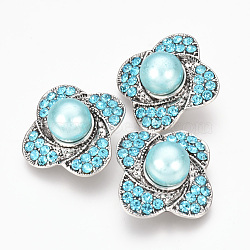 Alloy Rhinestone Snap Buttons, Jewelry Buttons, with ABS Imitation Pearl, Flower, Antique Silver, Aquamarine, 21x21x13.5mm, Knob: 5.5mm(SNAP-T001-15B)