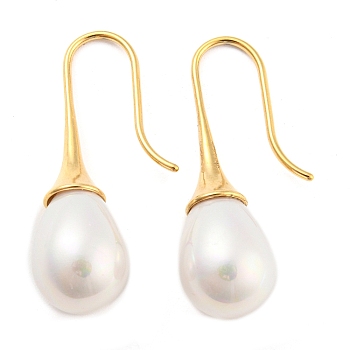 Plastic Pearl Teardrop Dangle Earrings, 304 Stainless Steel Earrings, Real 14K Gold Plated, 32x10mm