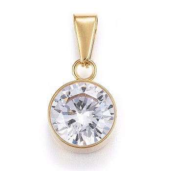 Cubic Zirconia Charms, with 201 Stainless Steel Findings, Flat Round, Clear, Golden, 11x8x5mm, Hole: 8x3mm