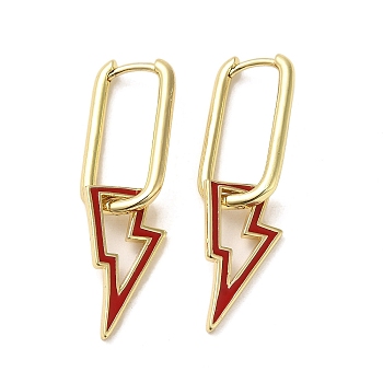 Lightning Bolt Real 18K Gold Plated Brass Dangle Hoop Earrings, with Enamel, Red, 37.5x11.5mm