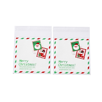 Christmas Theme Plastic Bakeware Bag, with Self-adhesive, for Chocolate, Candy, Cookies, Square, Lime, 130x100x0.2mm, about 100pcs/bag