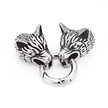 Wolf Head Stainless Steel Spring Gate Rings, O Rings with Two Cord End Caps, Antique Silver, 61x18x16.5mm