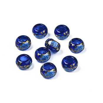 Flower Printed Transparent Acrylic Rondelle Beads, Large Hole Beads, Medium Blue, 15x9mm, Hole: 7mm
