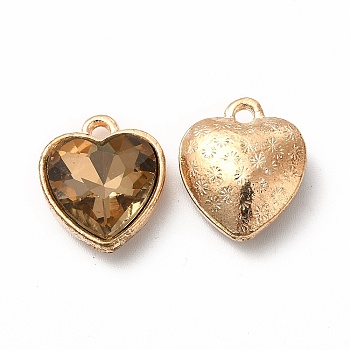 Faceted Glass Rhinestone Pendants, with Golden Tone Zinc Alloy Findings, Heart Charms, Camel, 16.5x14x6.5mm, Hole: 1.6mm
