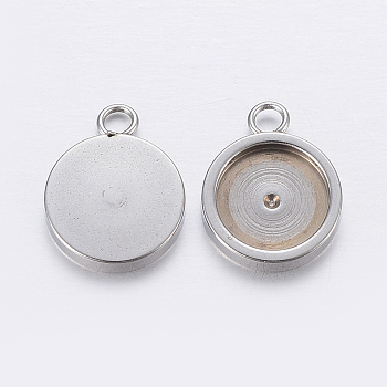 201 Stainless Steel Pendant Cabochon Settings, Flat Round, Stainless Steel Color, Tray: 12mm, 18x14x2mm, Hole: 2.5mm