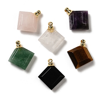 Natural Mixed Gemstone Perfume Bottle Pendants, Faceted Rhombus Charms with Golden Tone 304 Stainless Steel Findings, 31x27~27.5x8.5~10mm, Hole: 2mm