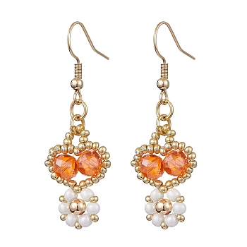 Handmade Glass Seed Beads Dangle Earrings, Heart with Flower, Golden, Orange, 48x15mm