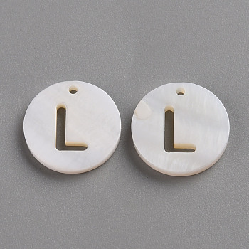 Natural Freshwater Shell Pendants, Flat Round with Letter, Letter.L, 12x1.5mm, Hole: 1mm