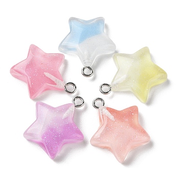 Gradient Color Transparent Resin Pendants, Glitter Star Charms with Platinum Plated Iron Loops, Mixed Color, 21x18x6mm, Hole: 2mm
