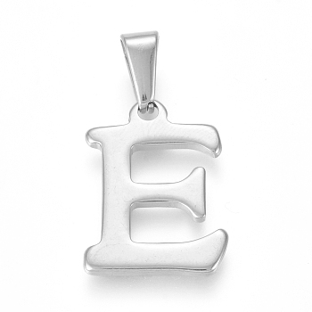 304 Stainless Steel Pendants, Stainless Steel Color, Initial Letter.E, 20x15x1.8mm, Hole: 3x7mm