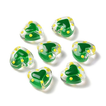 Glass Heart Beads, with Enamel, Bead in Bead, Green, 12x11.5~12.5x6.5~7mm, Hole: 0.8~1mm