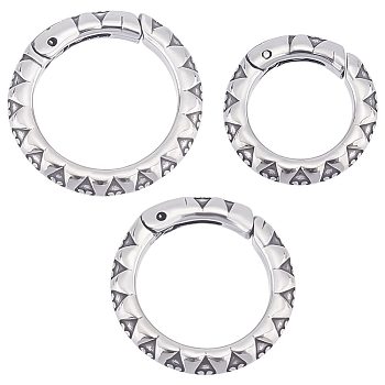 3Pcs 3 Sizes Tibetan Style 304 Stainless Steel Spring Gate Rings, Textured O Rings, Ion Plating (IP), Antique Silver, 7 Gauge, 23~18x3.5mm, Inner Diameter: 12~17mm, 1pc/style