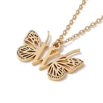 Initial Letter with Butterfly Pendant Necklace, Golden 304 Stainless Steel Jewelry for Women, Letter.W, Pendant: 18x27x1mm, 15.55 inch(39.5cm)