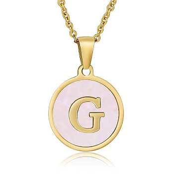 Natural Shell Initial Letter Pendant Necklace, with Golden Stainless Steel Cable Chains, Letter G, 17.72 inch(45cm)