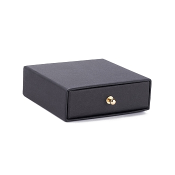 Square Paper Drawer Jewelry Set Box, with Brass Rivet, for Earring, Ring and Necklace Gifts Packaging, Black, 9x9x3~3.2cm