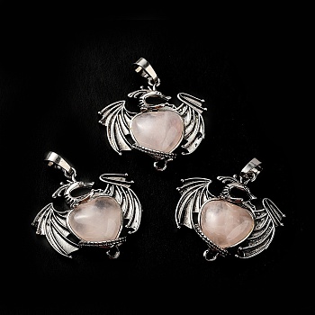 Natural Rose Quartz Heart Pendants, Dragon Charms, with Rack Plating Antique Silver Plated Brass Findings, Lead Free & Cadmium Free, 33x33.5~34x7~7.5mm, Hole: 8x5mm