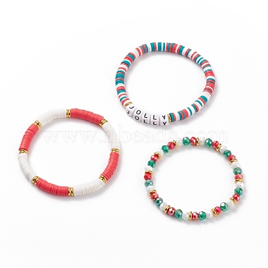 3Pcs 3 Style Polymer Clay Heishi Surfer Stretch Bracelets Set with Word Jolly Acrylic Beads(BJEW-TA00129)-4