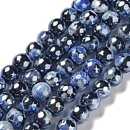 Electroplate Natural Fire Crackle Agate Beads Strands, Dyed & Heated, Faceted Round, Royal Blue, 8mm, Hole: 1mm, about 47~48pcs/strand, 14.37~14.88 inch(36.5~37.8cm)(G-G0006-A01-02)