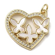 Brass Micro Pave Cubic Zirconia Pendants, with Shell, Heart with Butterfly, Real 18K Gold Plated, 19.5x20.5x3mm, Hole: 3.4mm(KK-Q808-05G)