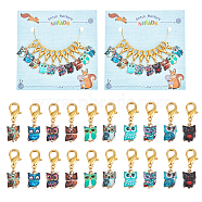 Owl Pendant Stitch Markers, Printed Alloy Crochet Lobster Clasp Charms, Locking Stitch Marker with Wine Glass Charm Ring, Mixed Color, 3.1cm, 10 colors, 1pc/color, 10pcs/set, 2 sets/box(HJEW-AB00292)