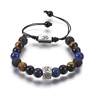 Natural Mixed Gemstone Braided Bead Bracelets, with Cowhide Cord and Alloy Findings, Square and Rectangle with Om Symbol, 1-3/4 inch~3-3/8 inch(4.6~8.5cm)(BJEW-G607-03)