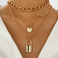 Alloy Pendant Layered Chain Necklaces for Women, Golden, Lock, 17.72 inch(45cm)(WGC39CD-23)