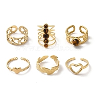 6Pcs 6 Style Leaf & Heart & Teardrop 304 Stainless Steel Open Cuff Rings Set, Natural Tiger Eye Stackable Rings, Real 18K Gold Plated, Inner Diameter: 17~18mm, 1Pc/style(RJEW-P092-07G-M)
