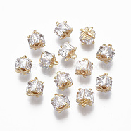 Brass Clear Cubic Zirconia Charms, Nickel Free, Cube, Real 18K Gold Plated, 9x8.5mm, Hole: 1.4mm(KK-R134-020-NF)