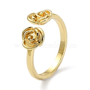 Brass Open Cuff Rings, Rose Flower, Real 18K Gold Plated, US Size 7 1/4(17.5mm)(RJEW-B051-40G)