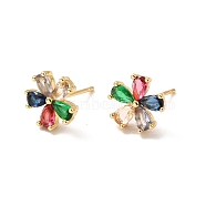 Colorful Rhinestone Flower Stud Earrings, Rack Plating Brass Jewelry for Women, Cadmium Free & Lead Free, Real 18K Gold Plated, 11x11.5mm, Pin: 0.9mm(EJEW-M209-01G)
