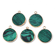 Synthetic Malachite Pendants, with Golden Plated Brass Edge and Loop, Flat Round, 25x21x3.5mm, Hole: 2mm(X-G-Q998-010E-1)