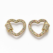 Brass Micro Pave Colorful Cubic Zirconia Screw Carabiner Lock Charms, for Necklaces Making, Heart, Golden, 22.5x25.5x3.5mm, Screw: 8.5x7.5mm(ZIRC-T010-05G)