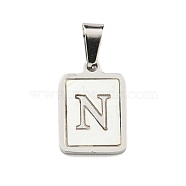 304 Stainless Steel Pave Natural White Shell Pendants, Rectangle with Letter Charms, Stainless Steel Color, Letter N, 17.5x12x1.5mm, Hole: 6x3mm(STAS-S130-03P-N)