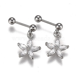 304 Stainless Steel Barbell Cartilage Earrings, with Clear Cubic Zirconia Flower Charm, Stainless Steel Color, 16.5mm, Pin: 0.8mm, 12pcs/set(EJEW-H113-10P)