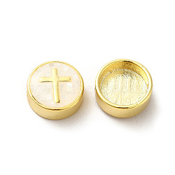 Rack Plating Brass Enamel Beads, with Shell Chips, Long-lasting Plated, Cadmium Free & Lead Free,Flat Round with Cross, Golden, Antique White, 11x4.5mm, Hole: 1.8mm(ENAM-D044-04G-06)