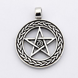 Retro Pentagram with Flat Round 304 Stainless Steel Pendants, Antique Silver, 43x34x3mm, Hole: 5mm(STAS-F006-007)