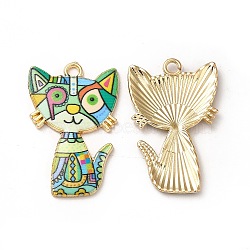 Alloy Enamel Pendants, Cadmium Free & Nickel Free & Lead Free, Golden, Cat Charms, Green, 30x19.5x2.5mm, Hole: 2.2mm(ENAM-M046-10G-K)