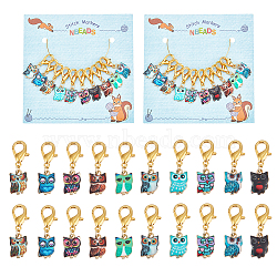Owl Pendant Stitch Markers, Printed Alloy Crochet Lobster Clasp Charms, Locking Stitch Marker with Wine Glass Charm Ring, Mixed Color, 3.1cm, 10 colors, 1pc/color, 10pcs/set, 2 sets/box(HJEW-AB00292)