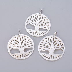 Natural White Shell Mother of Pearl Shell Pendants, with Brass Findings, Flat Round with Tree of Life, Platinum, 45~45.5x2~4.5mm, Hole: 4x4.5mm(SSHEL-L008-66B)