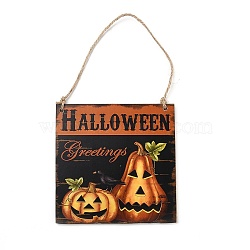 Halloween Wooden Door Hanging Welcome Sign Board, with Hemp Rope, for Home Office School Outdoor Decorations, Square, Pumpkin Pattern, 150x150x5mm(HJEW-Z002-01A)