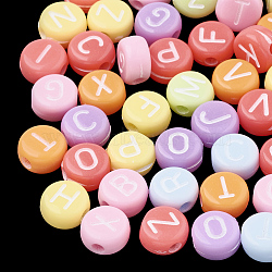 Opaque Acrylic Beads, Horizontal Hole, Mixed Letters, Flat Round with Letter, Random Letters, Mixed Color, 7x4mm, Hole: 1.5mm, about 370pcs/50g(X-MACR-S273-11)