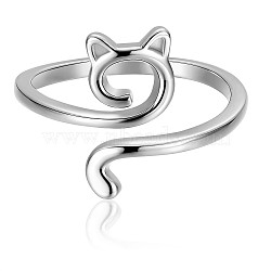 Rhodium Plated 925 Sterling Silver Cat Open Cuff Ring for Women, Platinum, US Size 6 1/2(16.9mm)(JR861A)