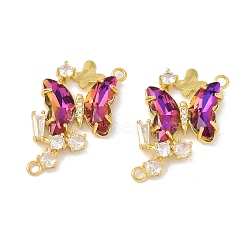 Brass Pave Medium Violet Red & Clear Cubic Zirconia Connector Charms, Butterfly Links, Real 18K Gold Plated, 31x22x4.5mm, Hole: 1.8mm(KK-P273-09G)