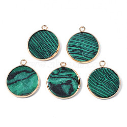 Synthetic Malachite Pendants, with Golden Plated Brass Edge and Loop, Flat Round, 25x21x3.5mm, Hole: 2mm(X-G-Q998-010E-1)