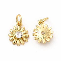 Rack Plating Brass Cubic Zirconia Flower Pendants, with Jump Ring, Long-Lasting Plated, Cadmium Free & Lead Free, Daisy Charm, Real 18K Gold Plated, 11.5x9x3.5mm, Hole: 3.6mm(KK-H436-02G)