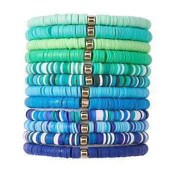 12Pcs 12 Color Polymer Clay Heishi Surfer Stretch Bracelets Set with Plastic Beaded, Stackable Preppy Bracelets, Mixed Color, Inner Diameter: 2-1/8 inch(5.3cm), 1Pc/color