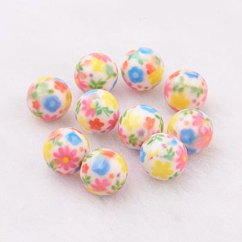 Spray Painted Resin Beads, with Flower Pattern, Round, Colorful, 10mm, Hole: 2mm
