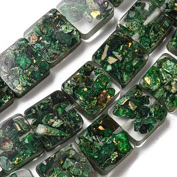 Dyed Natural Imperial Jasper with Resin Beads Strands, Square, Dark Green, 16x16x6mm, Hole: 1.6mm, about 11pcs/strand, 6.97 inch(17.7cm)