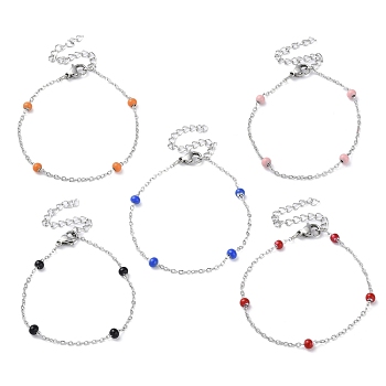 304 Stainless Steel Cable Chain Bracelet with Enamel Rondelle Beaded, Satellite Chains Bracelet, Mixed Color, 6-1/4 inch(16cm)